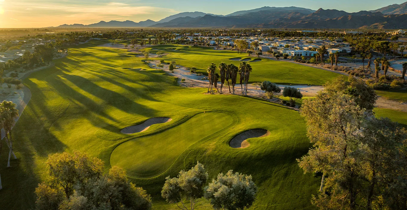 Escena Golf Club's opening holes glow at sunrise below the San Jacinto Mountains.